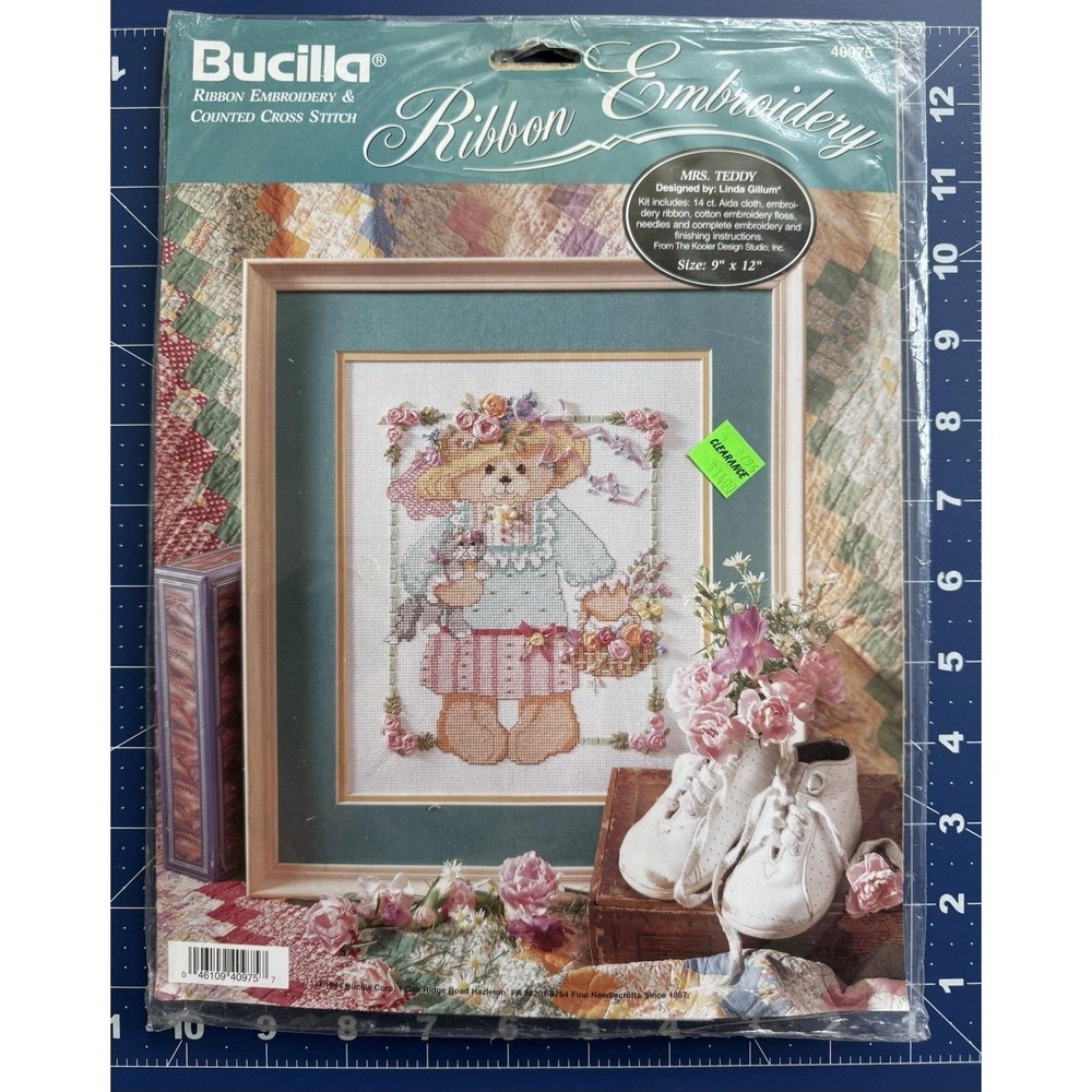 Bucilla Counted Cross Stitch & Ribbon Embroidery Kit 40975‎ Mrs. Teddy